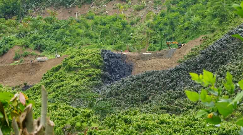 Derrame de petróleo tras la rotura del oleoducto SOTE Vista panorámica del derrame de petróleo sobre la vegetación en una ladera tras la rotura del oleoducto SOTE